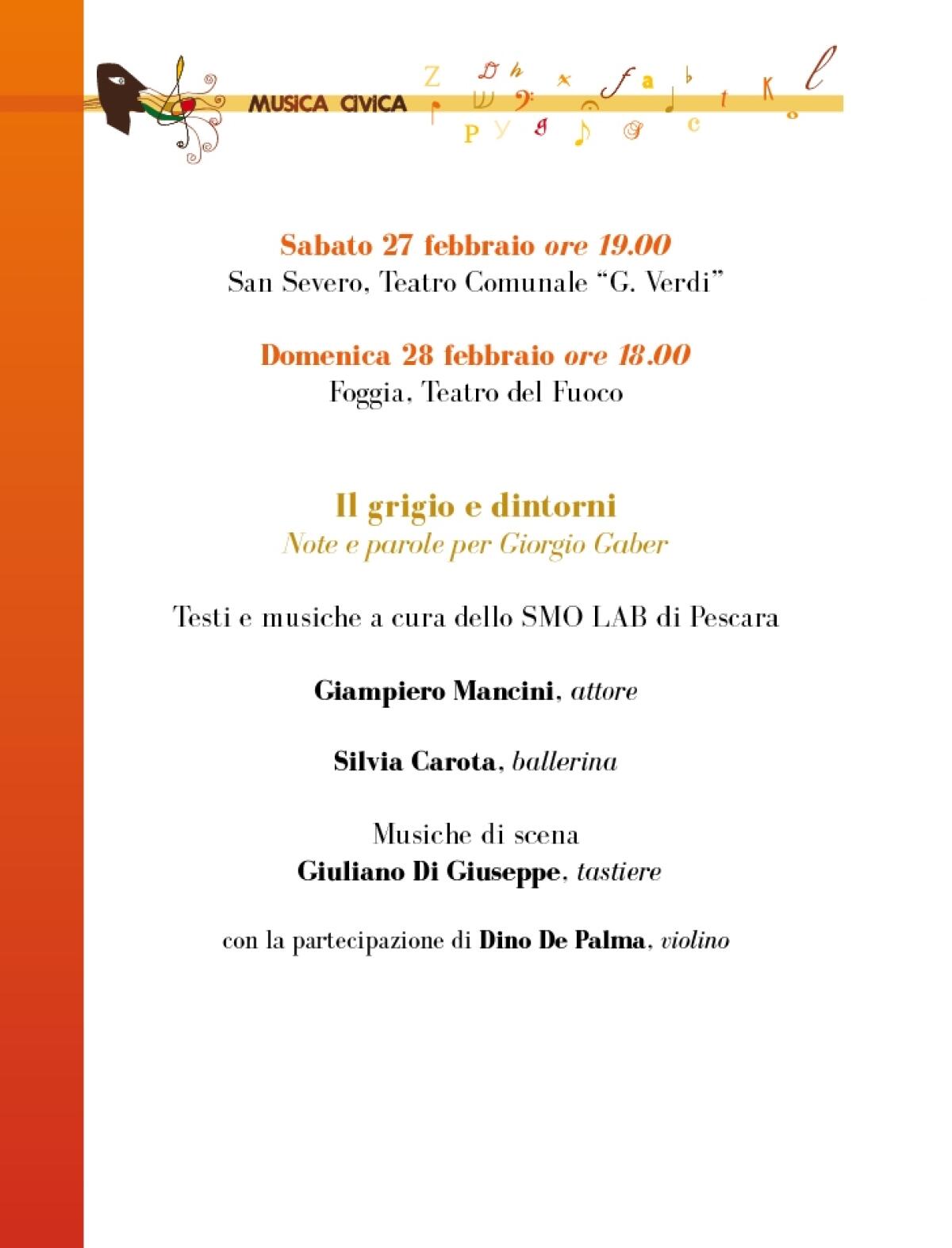 Musica Civica omaggia Gaber con "Il Grigio e dintorni", al Teatro del Fuoco - Il programma di Musica Civica