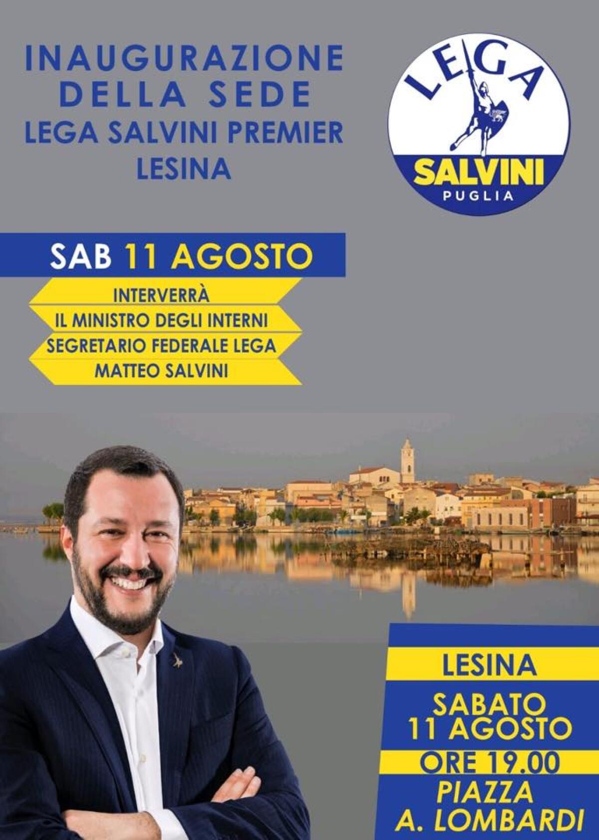 Salvini a Lesina: sabato 11 agosto inaugura la nuova sede Lega - Locandina Inaugurazione Sezione Lega Lesina