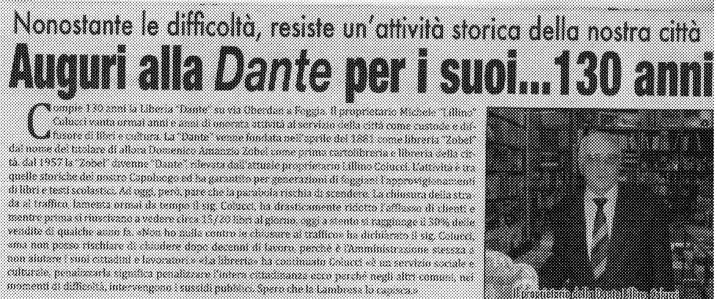 Un vecchio articolo di giornale celebra la storia della libreria Dante