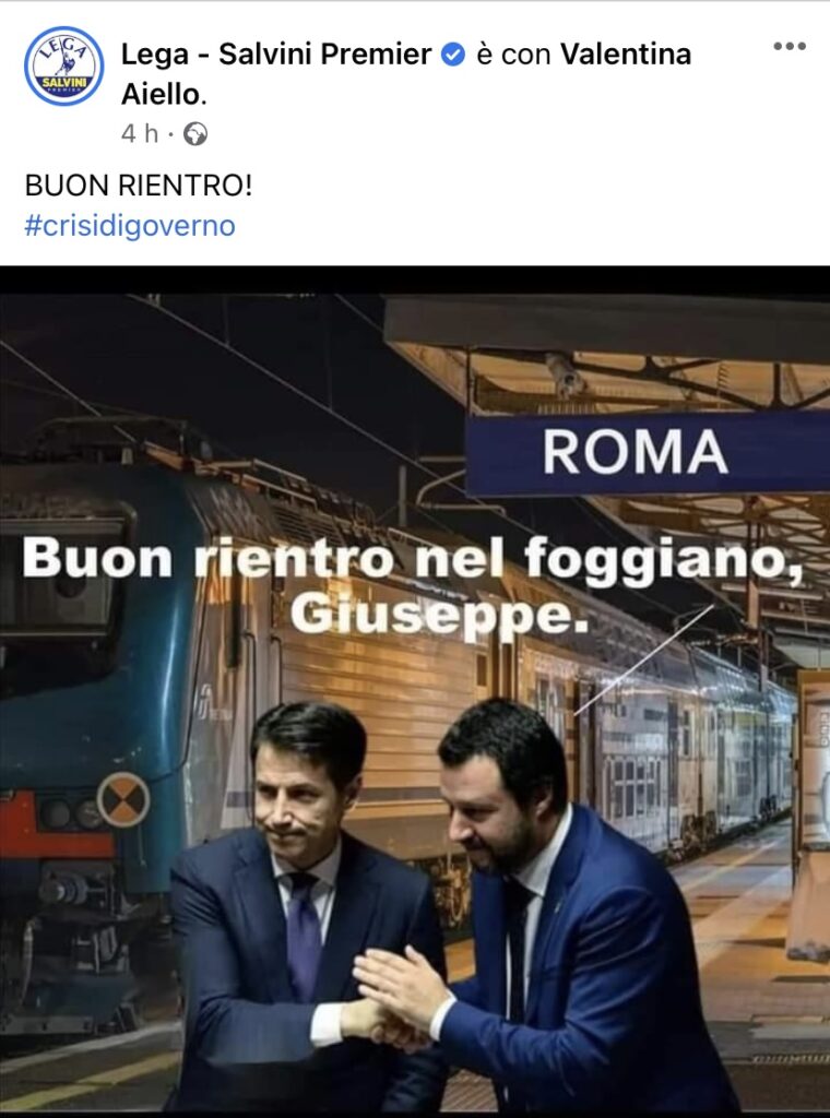 Conte lascia Palazzo Chigi, la Lega sui social: "Buon rientro nel Foggiano"