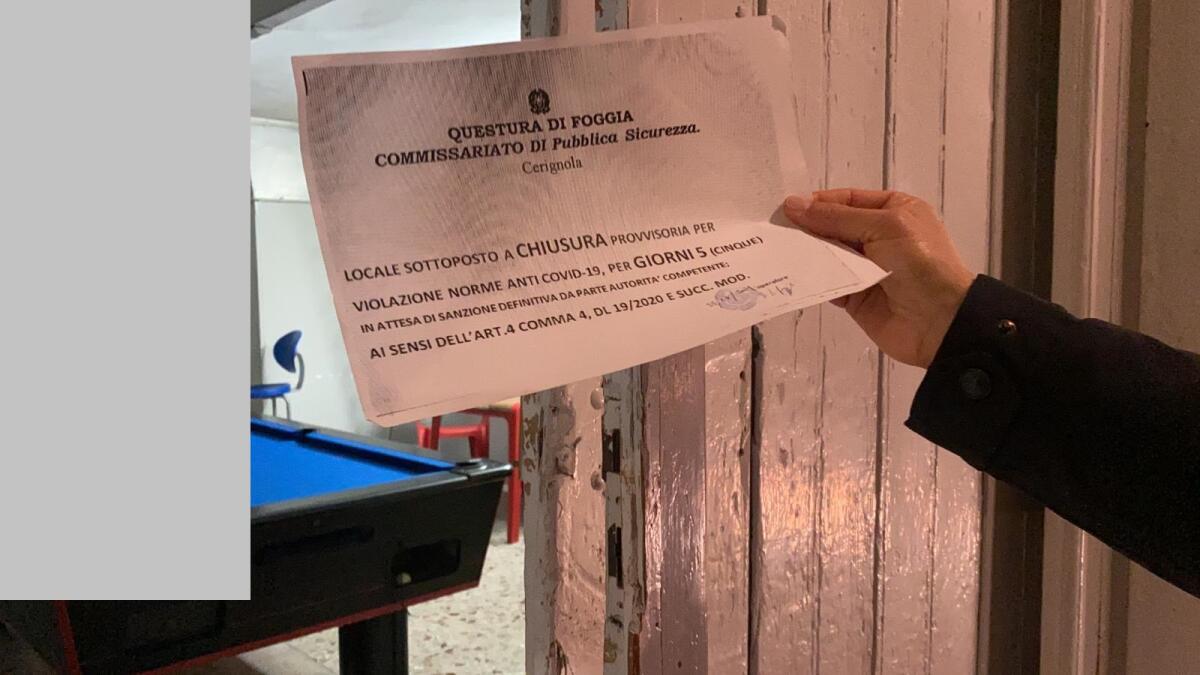 Cerignola, controlli norme anti-Covid: chiusi un bar e un circolo privato - 