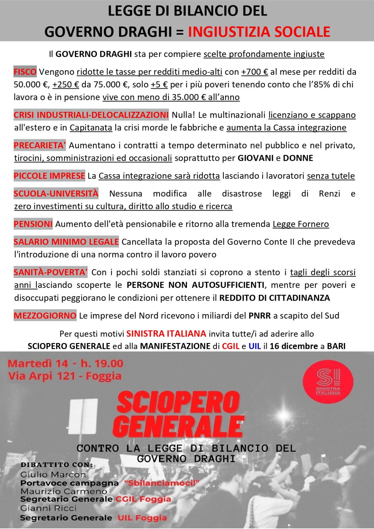 Sinistra Italiana al fianco di CGIL e UIL per spiegare le Ragioni dello Sciopero Generale contro il Governo Draghi - 