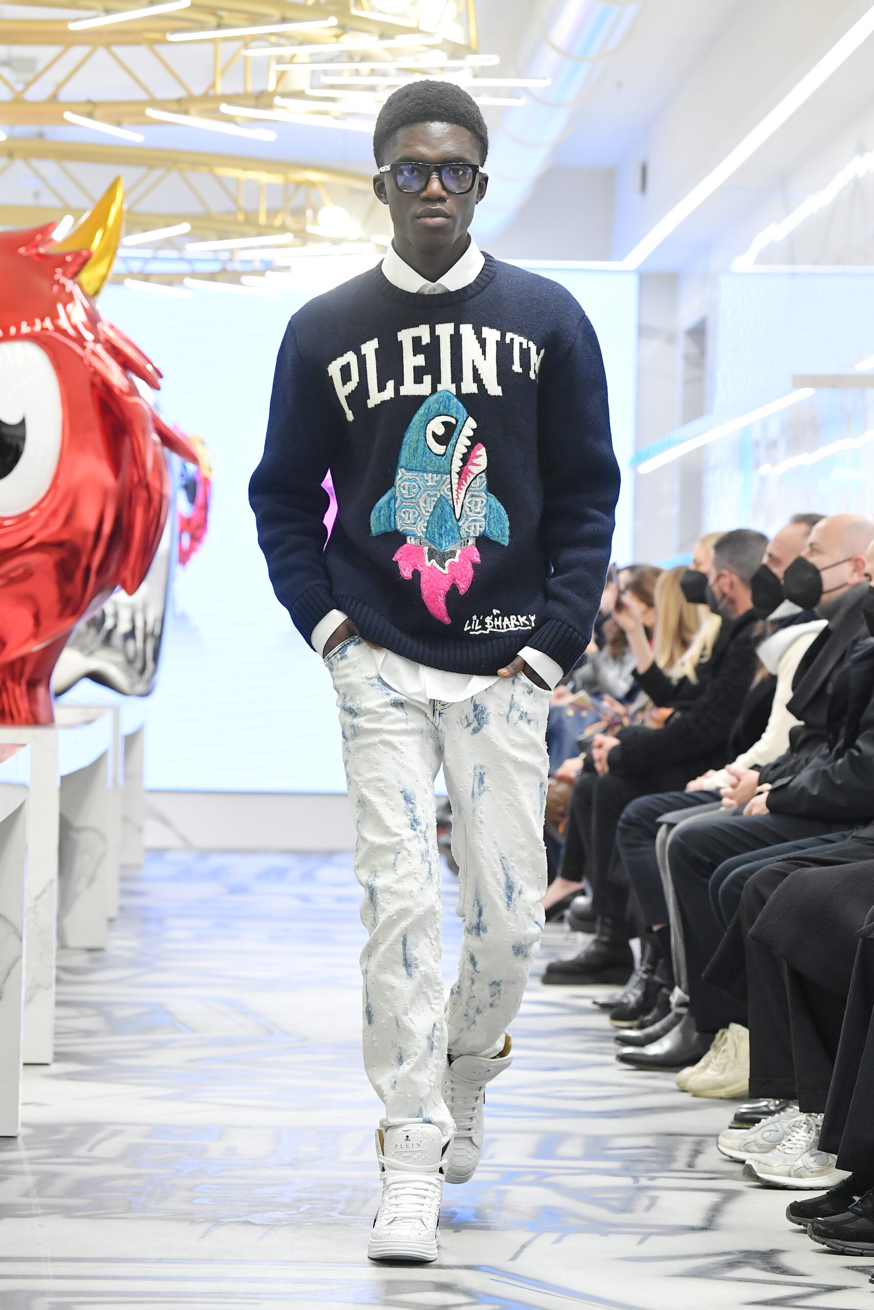 MILAN, ITALY – JANUARY 15: A model walks the runway at the Philipp Plein “Little Monsters” Capsule Collection FW22/23 on January 15, 2022 in Milan, Italy. (Photo by Jacopo M. Raule/Getty Images for Philipp Plein)