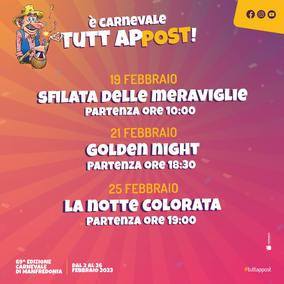 Le date e gli orari delle grandi parate mascherate del Carnevale di Manfredonia