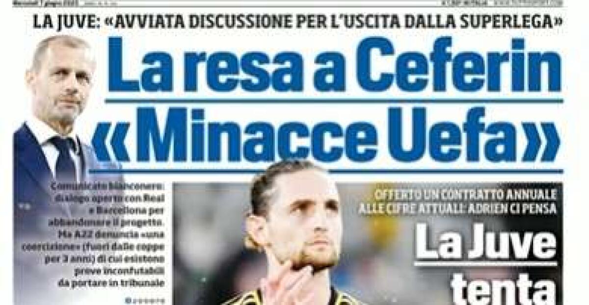 La resa a Ceferin, le prime pagine dei giornali - 