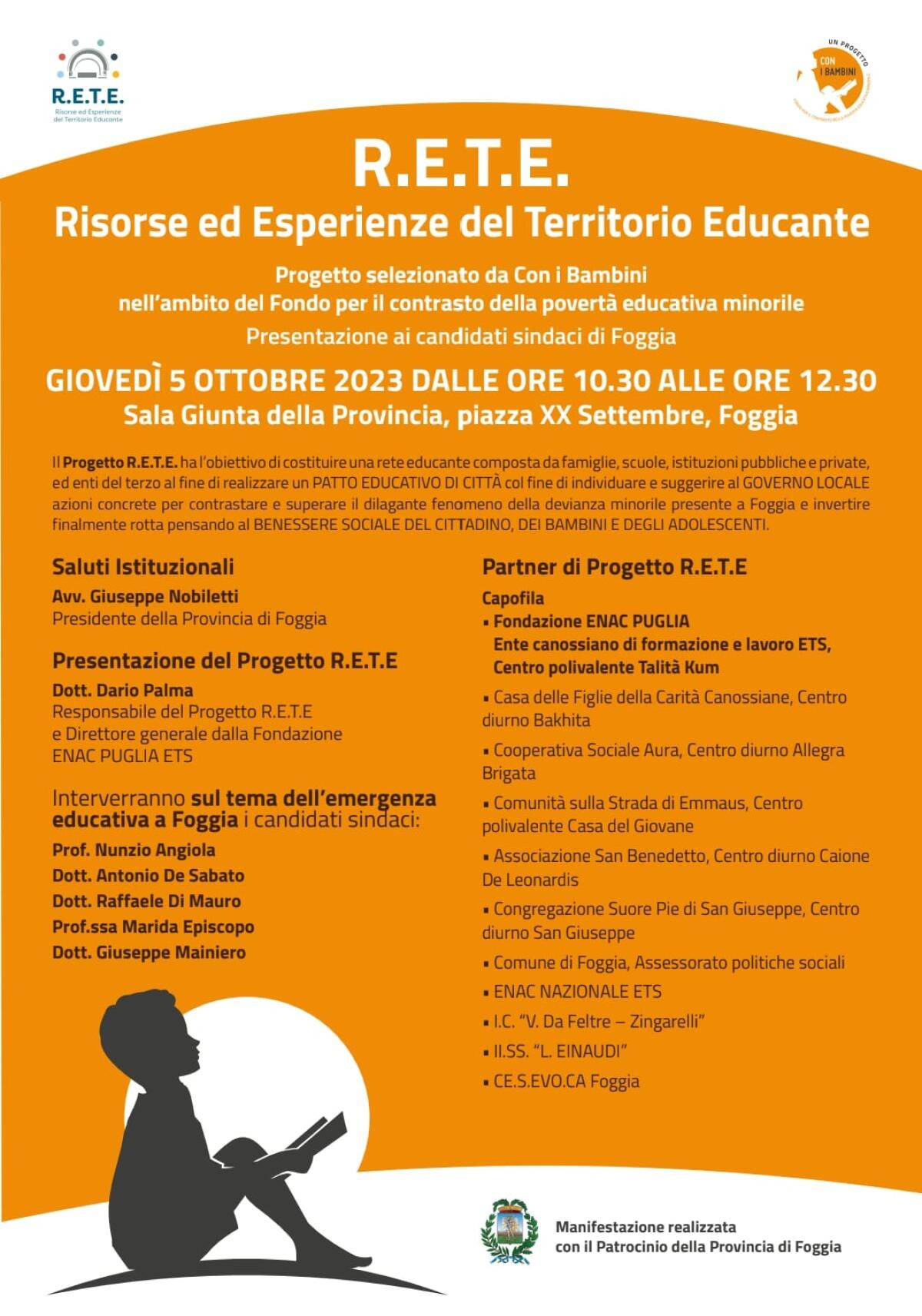 Il Progetto R.E.T.E. (Risorse ed Esperienze del Territorio Educante) si presenta ai candidati sindaci di Foggia - 