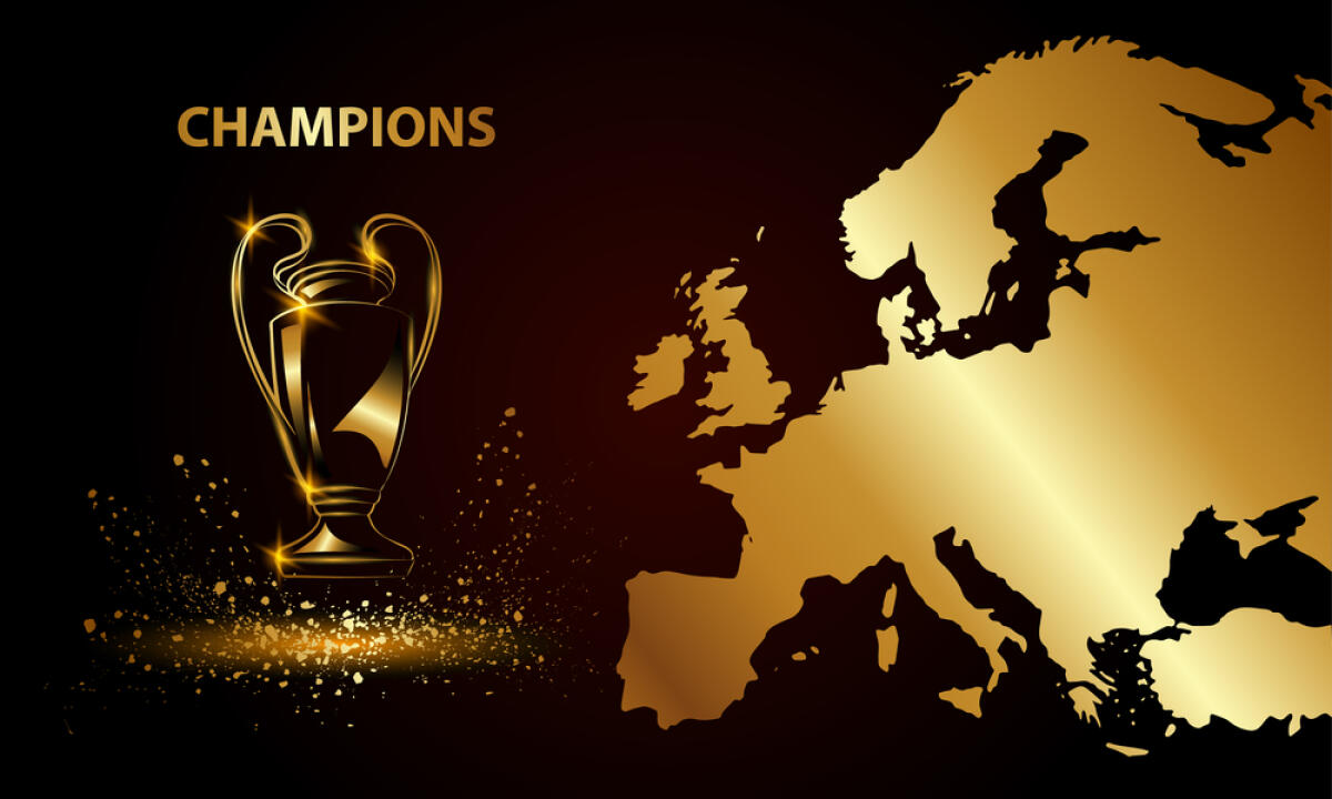 Champions League, il programma della terza giornata - Champions Cup with a map. Golden Soccer trophy.