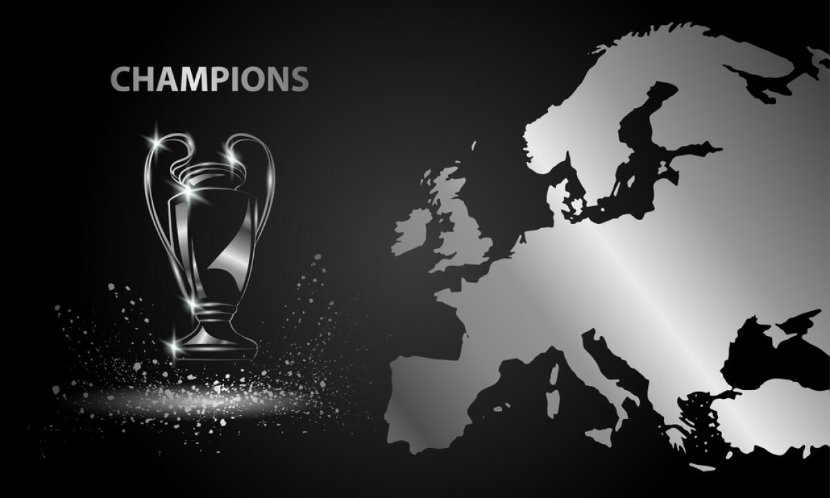 Champions, le possibili avversarie delle italiane - Champions Cup with a map. Chromed Soccer trophy.