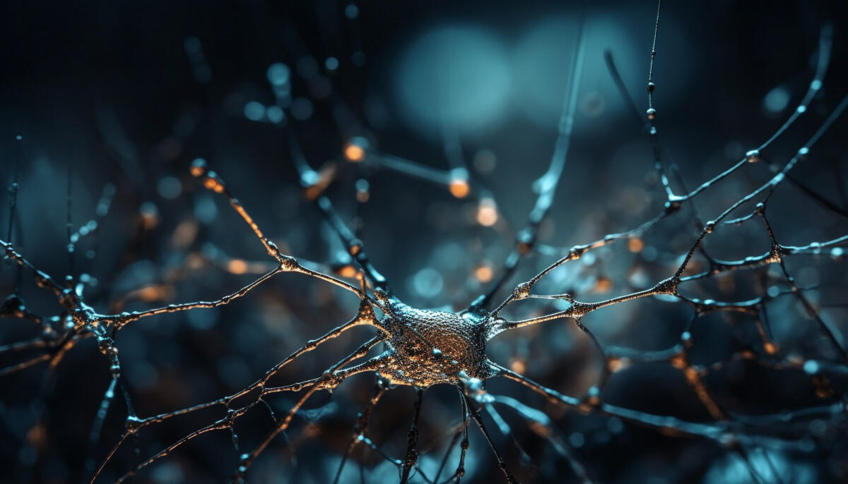 I potenziali effetti benefici del CBD sul cervello - Abstract blue backdrop nerve cells connect via synapse generated by artificial intelligence
