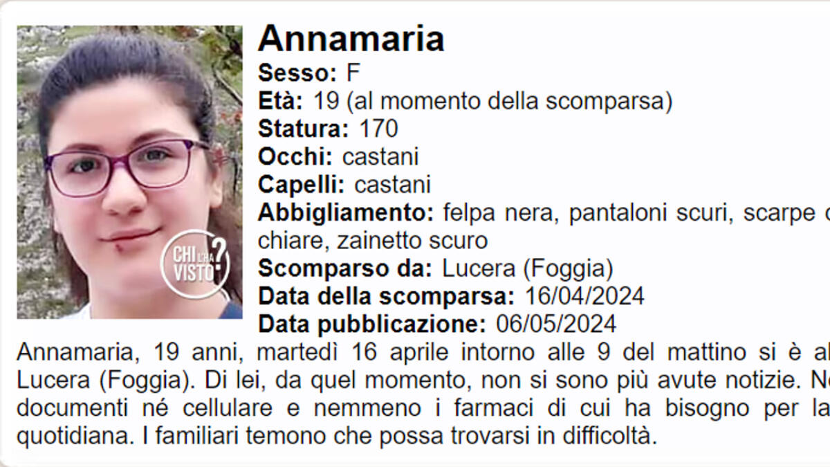 Lucera, la famiglia di Annamaria, scomparsa da tre settimane, si è rivolta a "Chi l'ha visto?" - 