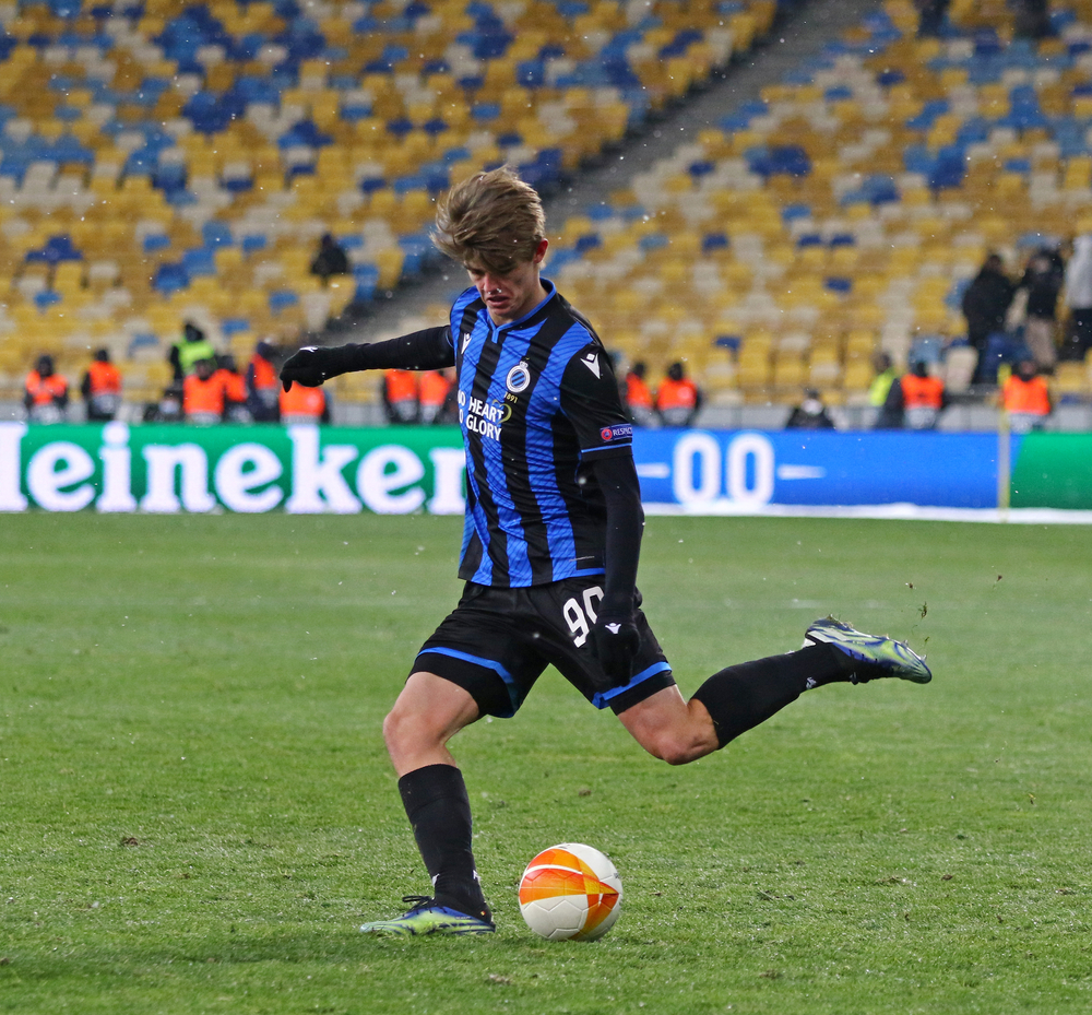 KYIV, UKRAINE - FEBRUARY 18, 2021: Charles De Ketelaere of Club Brugge kicks a ball during the UEFA Europa League game against Dynamo Kyiv at NSC Olimpiyskyi stadium in Kyiv