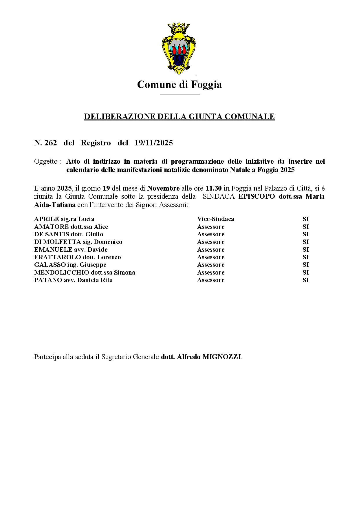 Deliberazione n. 262 del 19 novembre 2025