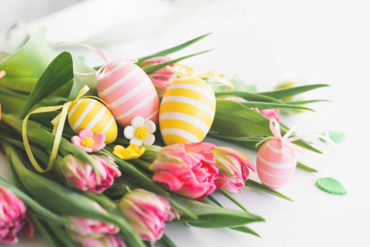 La Puglia è la regione italiana con più spirito pasquale: record su Settimana Santa e Pasquetta - Happy Easter. Stylish dyed easter eggs with spring flowers on white background. Pink tulips with colorful eggs