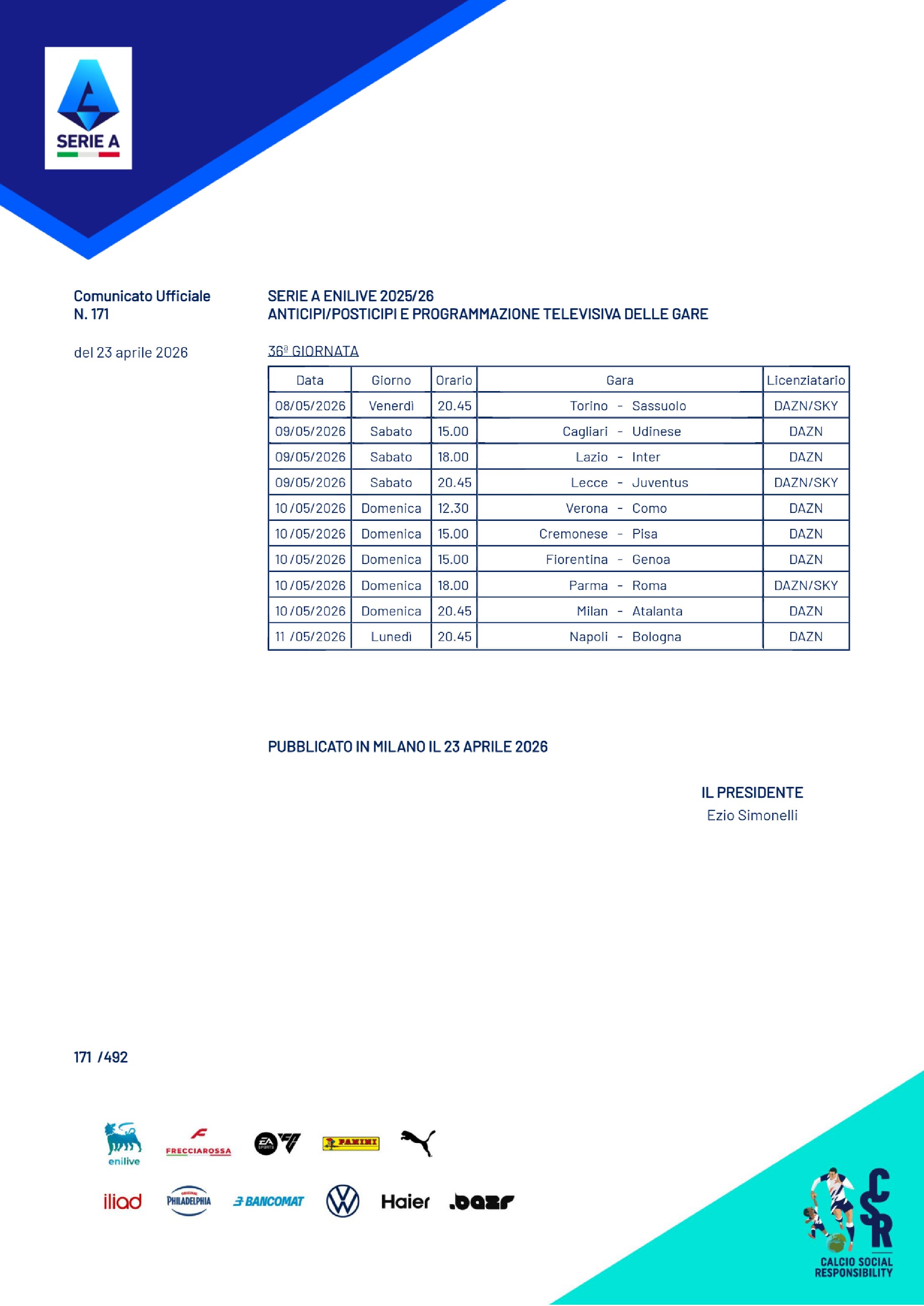 Definite date, orari e programmazione Tv delle sfide della terzultima giornata di Serie A Enilive