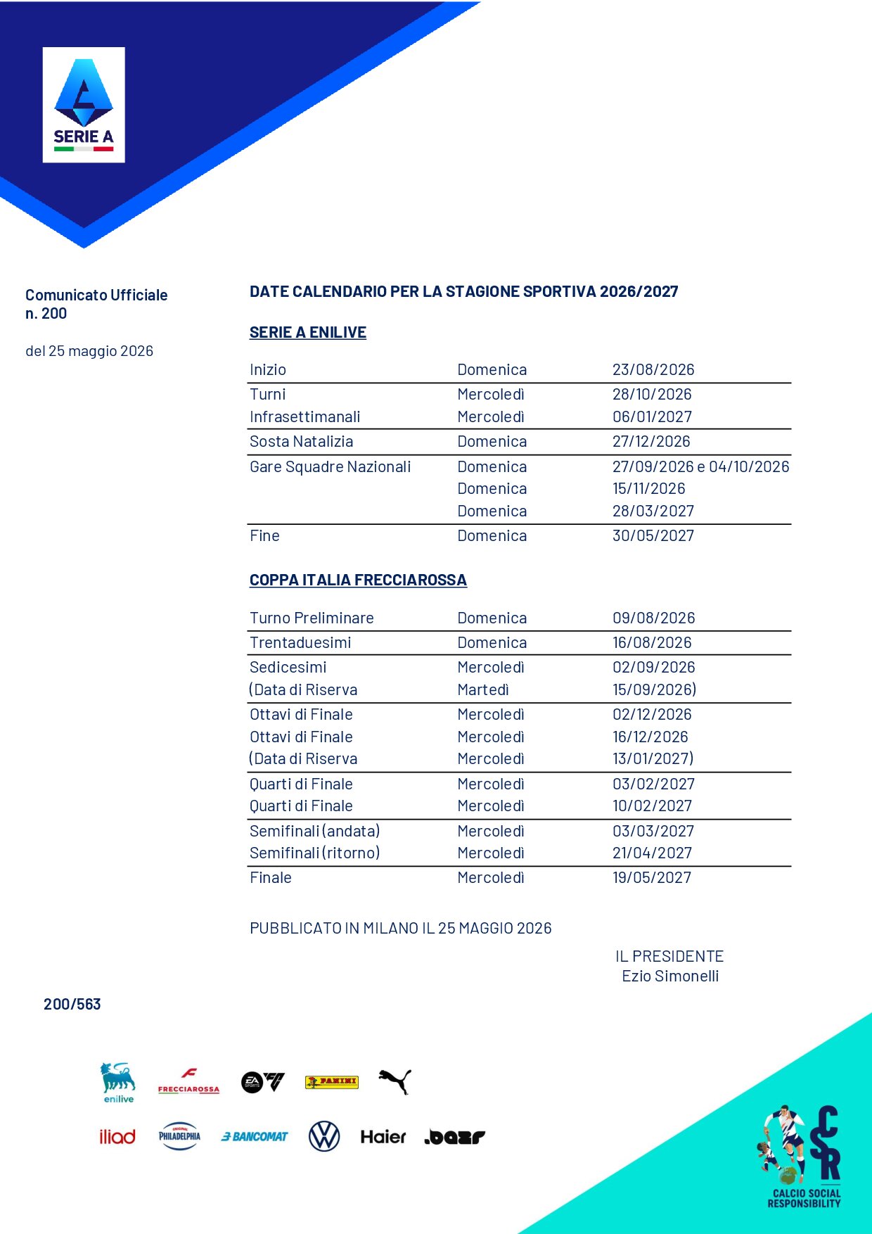 Le date della stagione 2026/2027: Serie A al via il 23 agosto