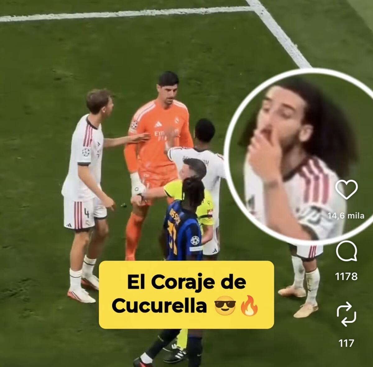 In Real Madrid-Inter il caso Cucurella: mani davanti alla bocca in un dialogo acceso con Bisseck - Screenshot