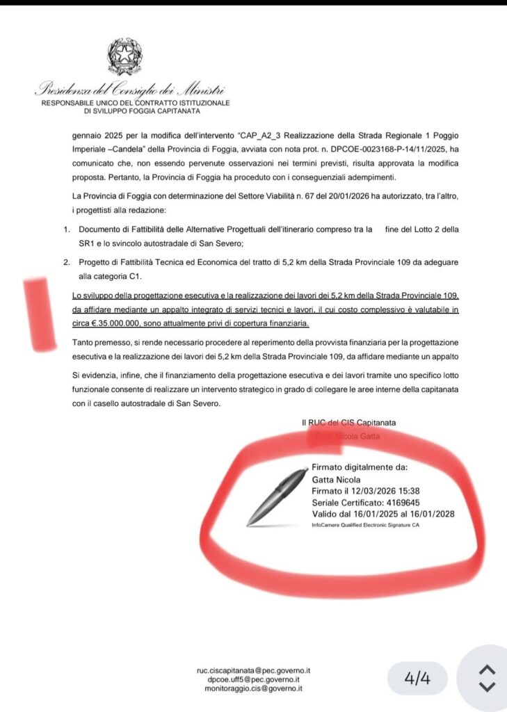 SP 109, FdI Lucera sfida Tutolo sulle carte: «Ecco i fatti e gli atti ufficiali. Sulla richiesta di finanziamento c’è la firma di Gatta»